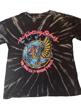 The Rolling Stones '78 World Wide Tour Black and Gray Tie-Dye Logo Tee, Men's XS